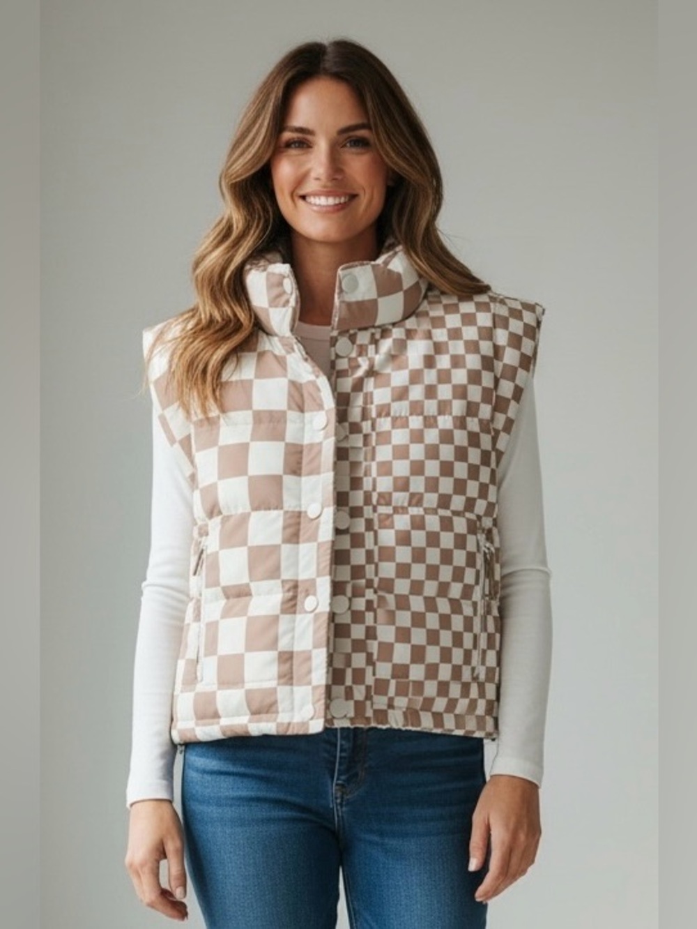 Beach Riot Beige & White Checkered Puffer Vest